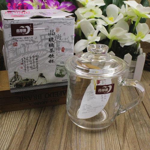 十元店日用百货 青苹果带盖玻璃茶杯 透明玻璃杯子 精品茶水杯__产品